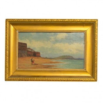 Antique painting on panel with seaside view