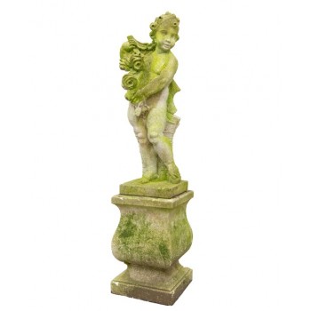 Concrete statue of cherub holding roses on base